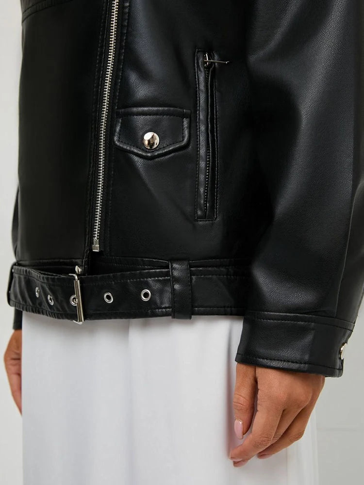 Veste ample noire en similicuir PU pour femmes