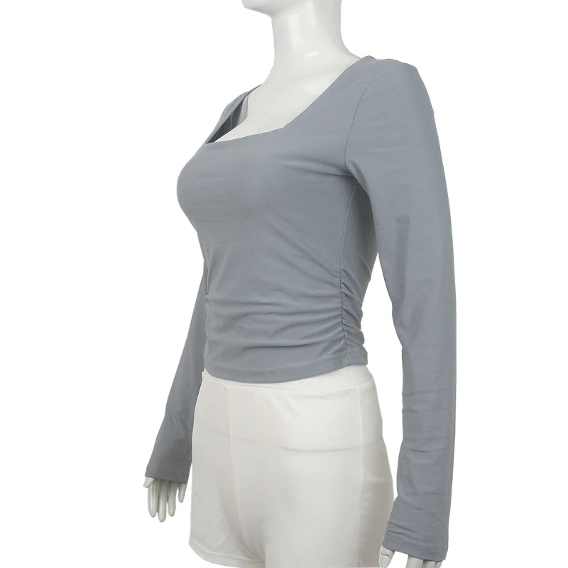 T-shirt à col carré mince et manches longues pour femmes