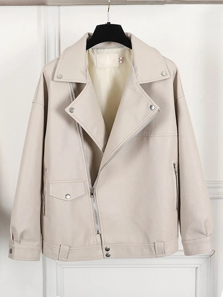 Blouson femme beige en simili cuir pour l'automne