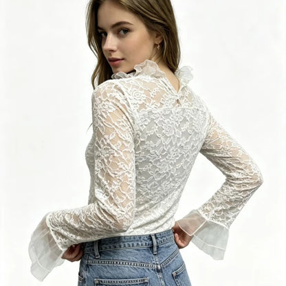 Chemisier Transparent Femme – Strass, Col à Volants et Poignets Évasés