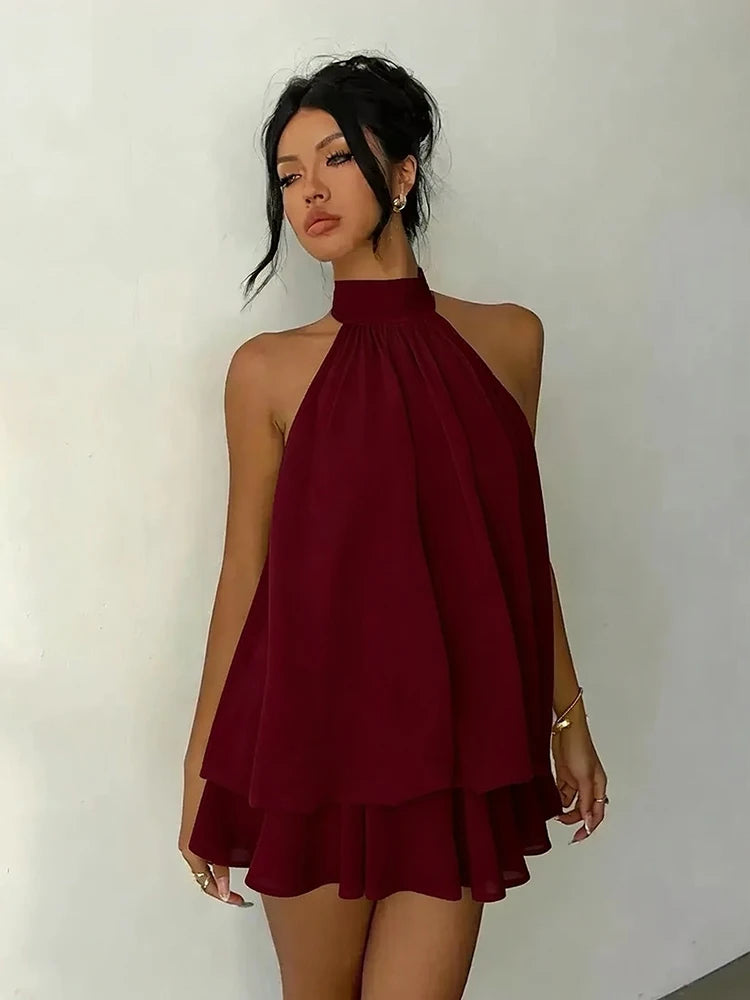 Robe Courte Femme – Mousseline, Col Licou et Dos Nu