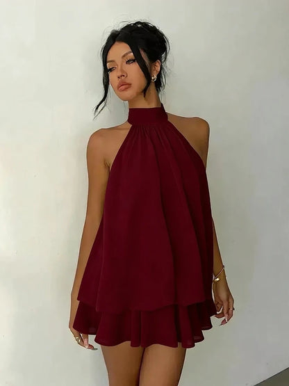Robe Courte Femme – Mousseline, Col Licou et Dos Nu
