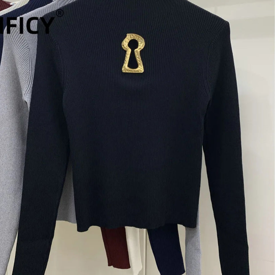 Pull tricoté ajouré à col mi-haut à manches longues pour femmes