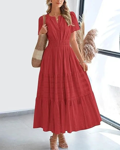 Robe longue plissée élégante style français à col en V pour femmes