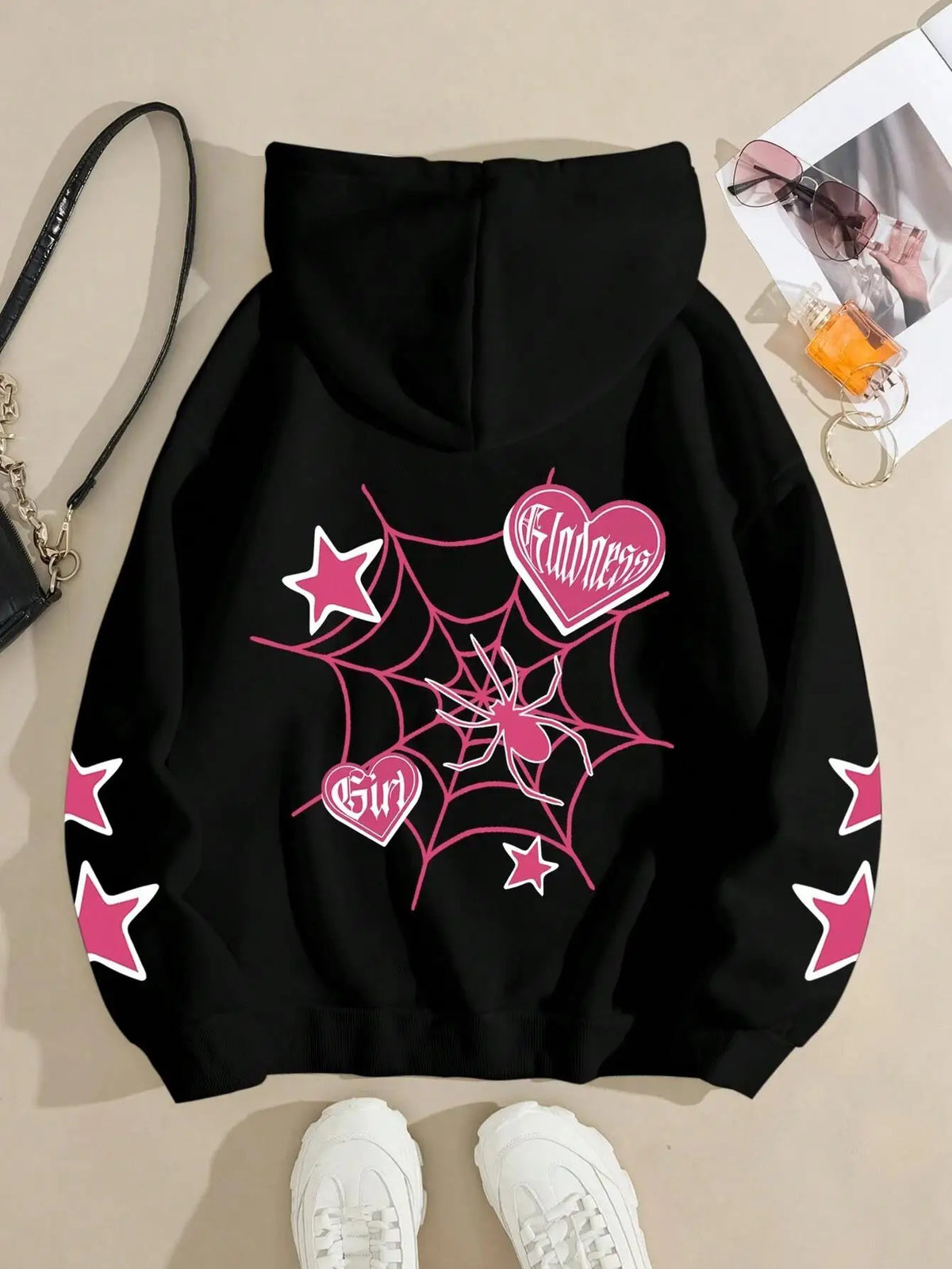 Sweat à Capuche Femme – Imprimé Araignée et Étoile
