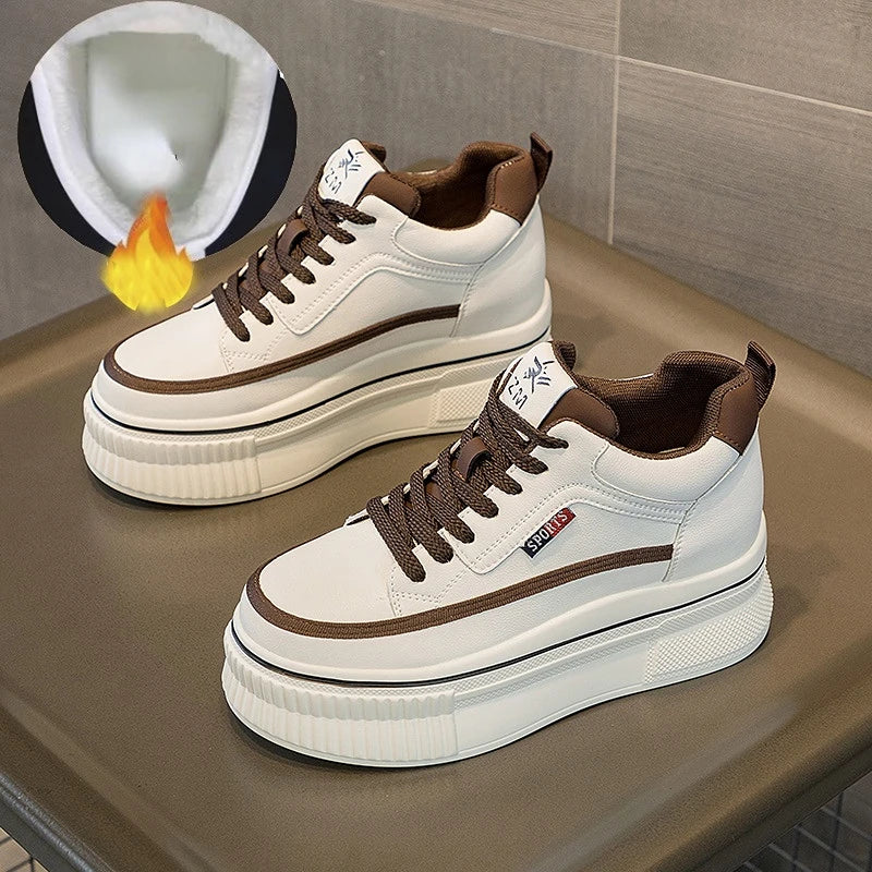 Baskets compensées en cuir véritable pour femmes