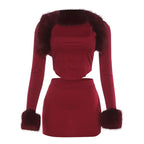 Ensemble haut Corset en Patchwork de fourrure et mini jupe pour femmes