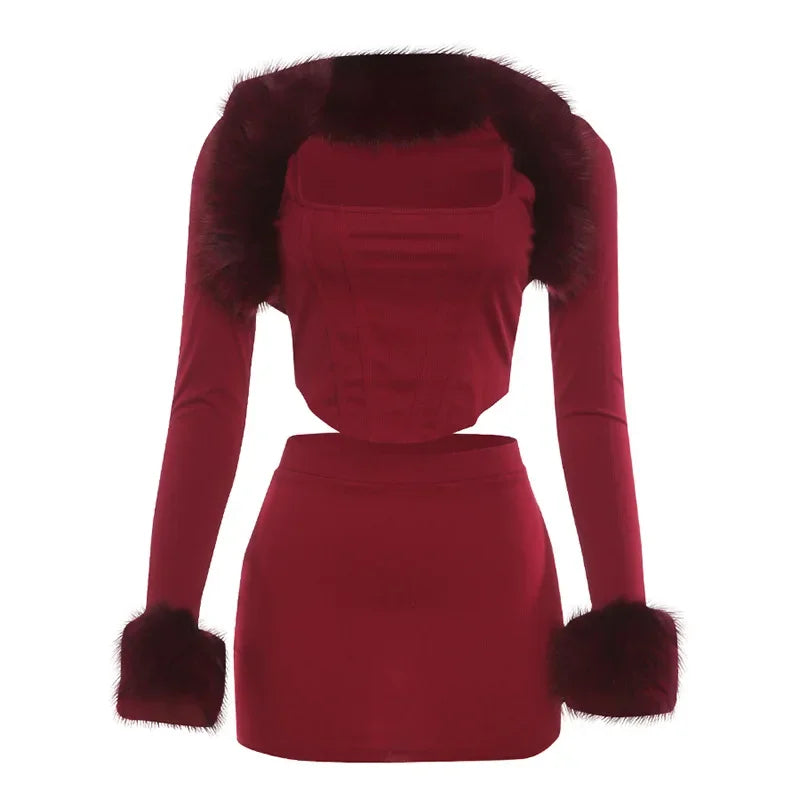 Ensemble haut Corset en Patchwork de fourrure et mini jupe pour femmes