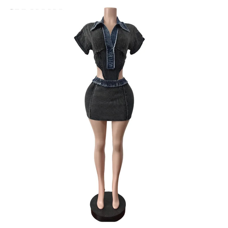 Ensemble 2 pièces body à manches courtes et col rabattu + jupes mi-longues moulantes pour femmes