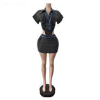 Ensemble 2 pièces body à manches courtes et col rabattu + jupes mi-longues moulantes pour femmes