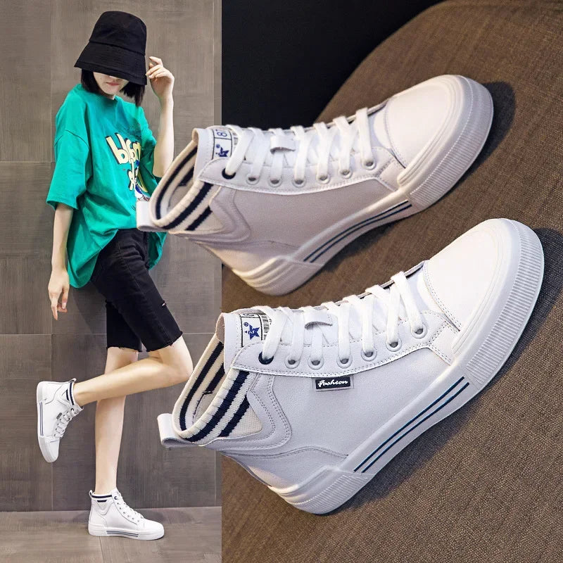 Basket montantes polyvalentes en cuir véritable pour femmes
