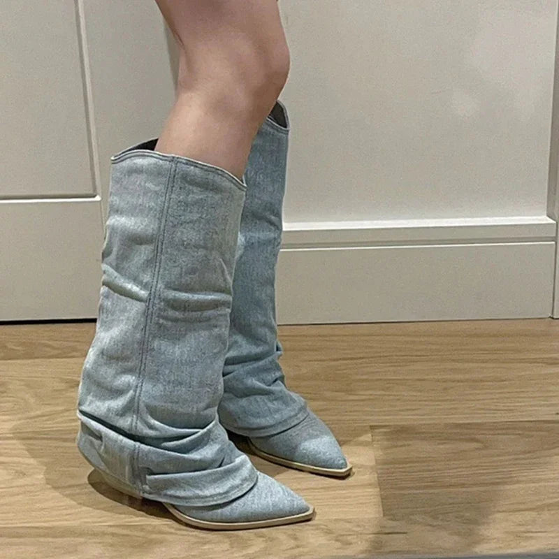 Bottes en jean plissé et à talons épais pour femmes