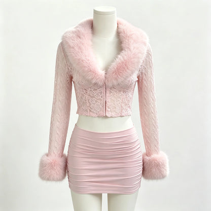 Ensemble Jupe et Haut Femme – Dentelle et Col Effet Fourrure