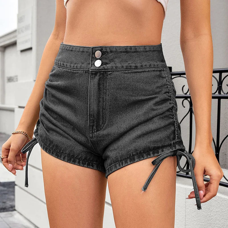 Short en jean taille haute avec cordon de serrage latéral pour femmes