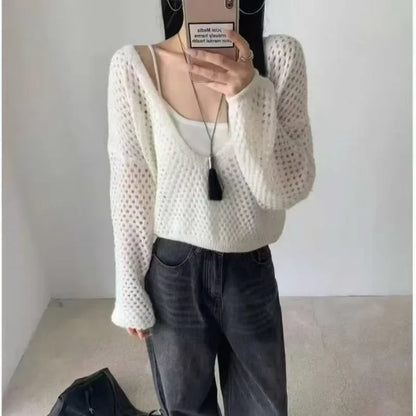 Ensemble 2 Pièces Femme – Gilet en Maille et Chemisier Ajouré