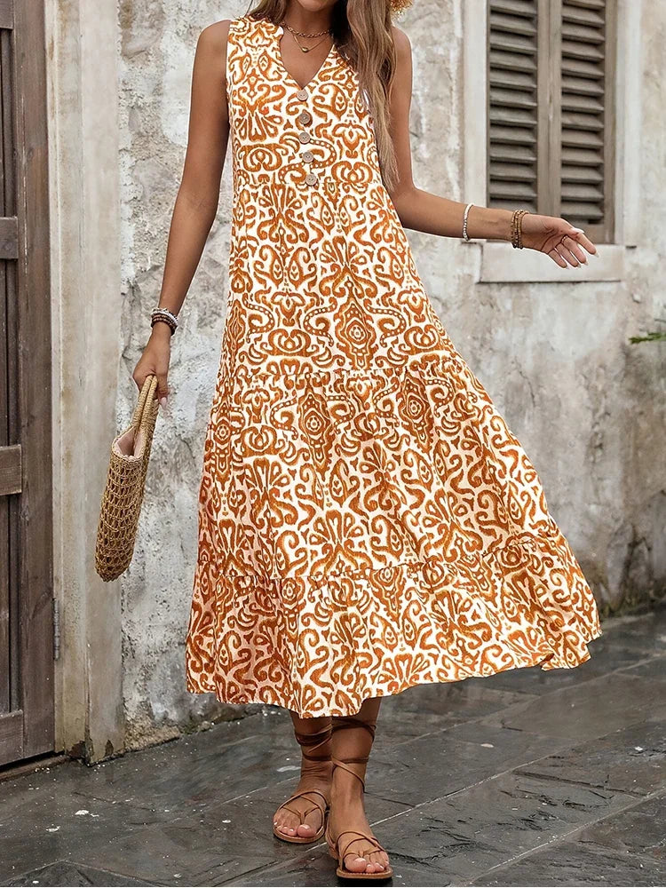 Robe imprimée florale sans manches et col en v pour femmes