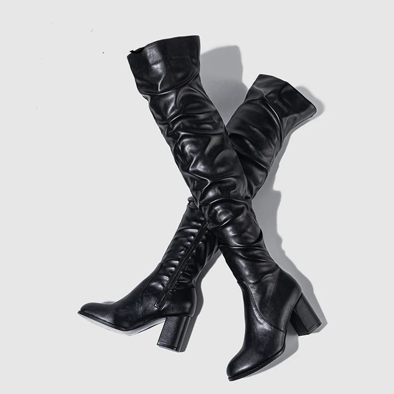 Cuissardes zippées en cuir plissé pour femmes