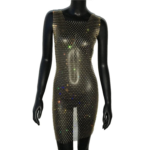 Robe de soirée en résille scintillante, strass, paillettes pour femmes