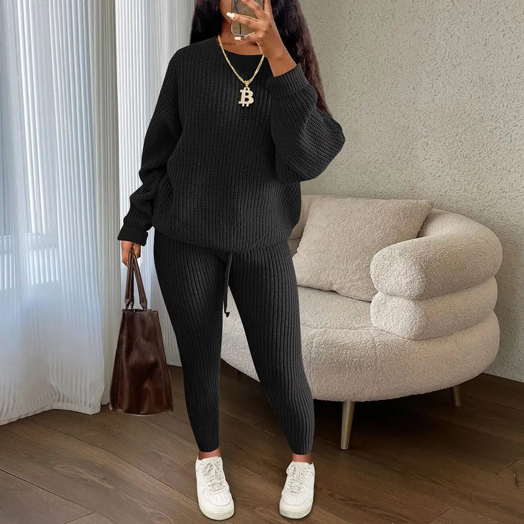 Ensemble deux pièces pull à manches longues col rond et pantalon moulant pour femmes