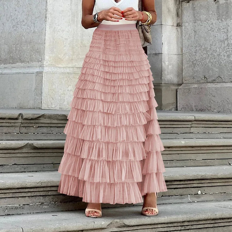 Jupe longue plissée taille haute en tulle pour femmes