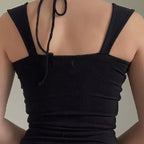 Tops vintage noir à col carré et dos nu pour femmes