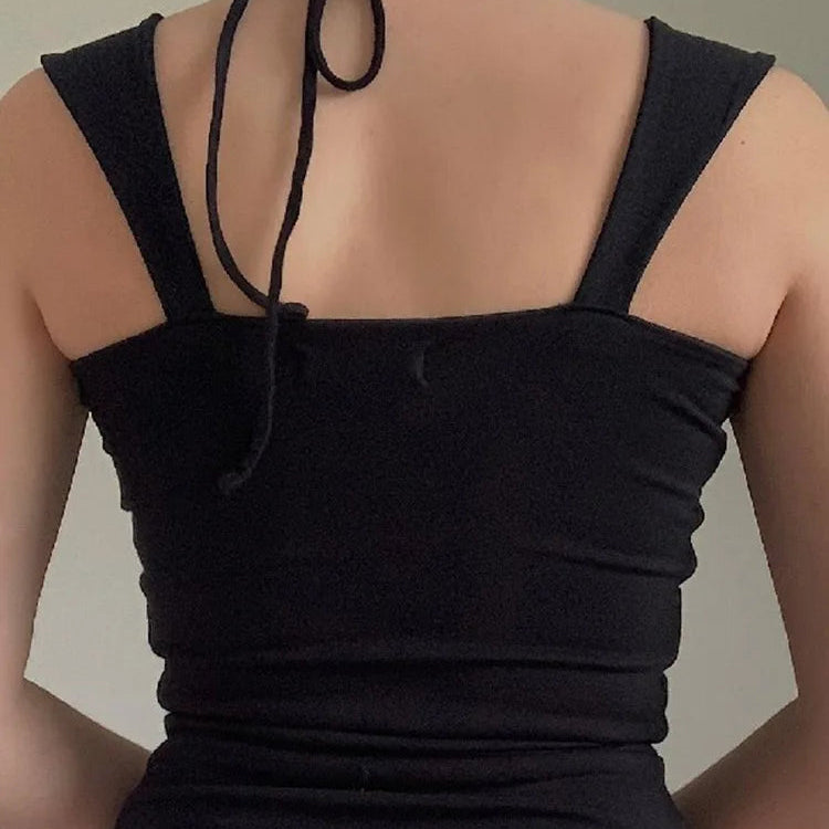 Tops vintage noir à col carré et dos nu pour femmes