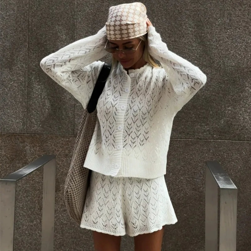 Ensemble short et jupe en maille ajourée pour femmes