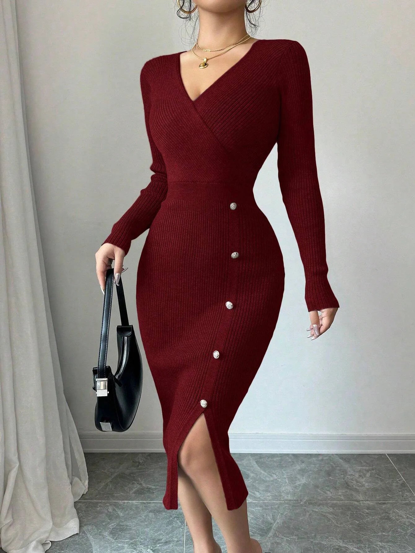 Robe pull en tricot côtelé gris pour femmes