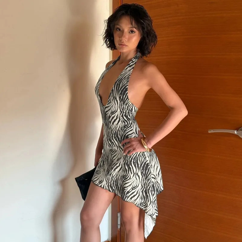 Robe mini dos nu asymétrique à imprimé zèbre pour femmes