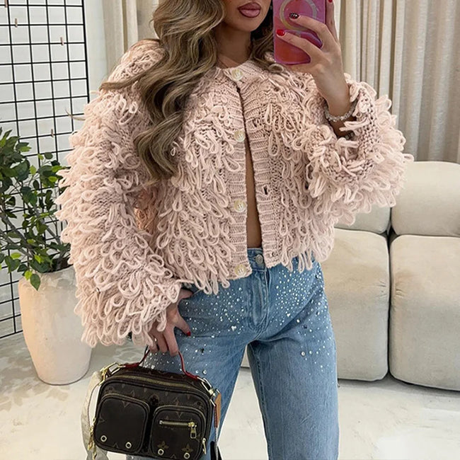 Cardigan femme en maille à boutons et franges