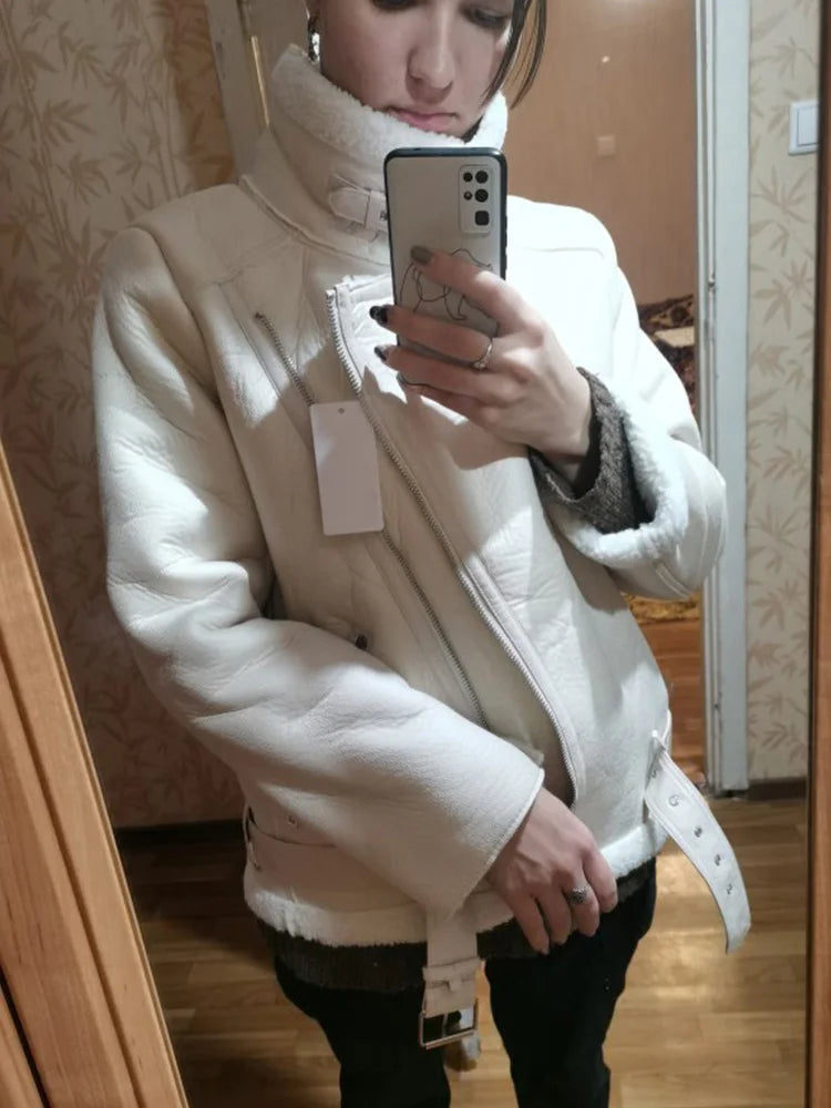 Manteaux d'hiver en faux cuir et fourrure de mouton pour femmes