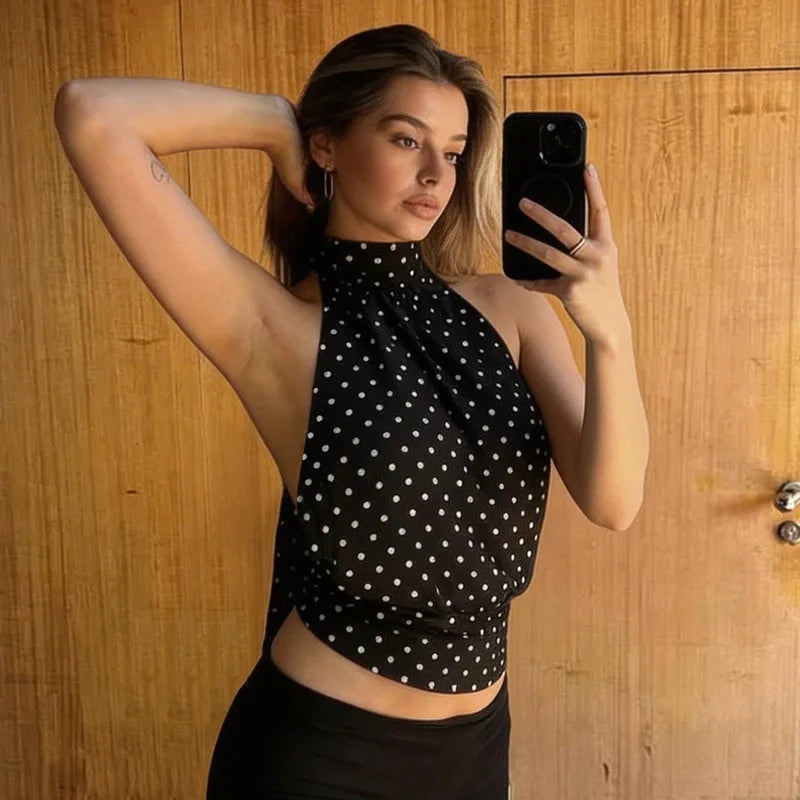 Débardeur court femme noir à pois et dos nu