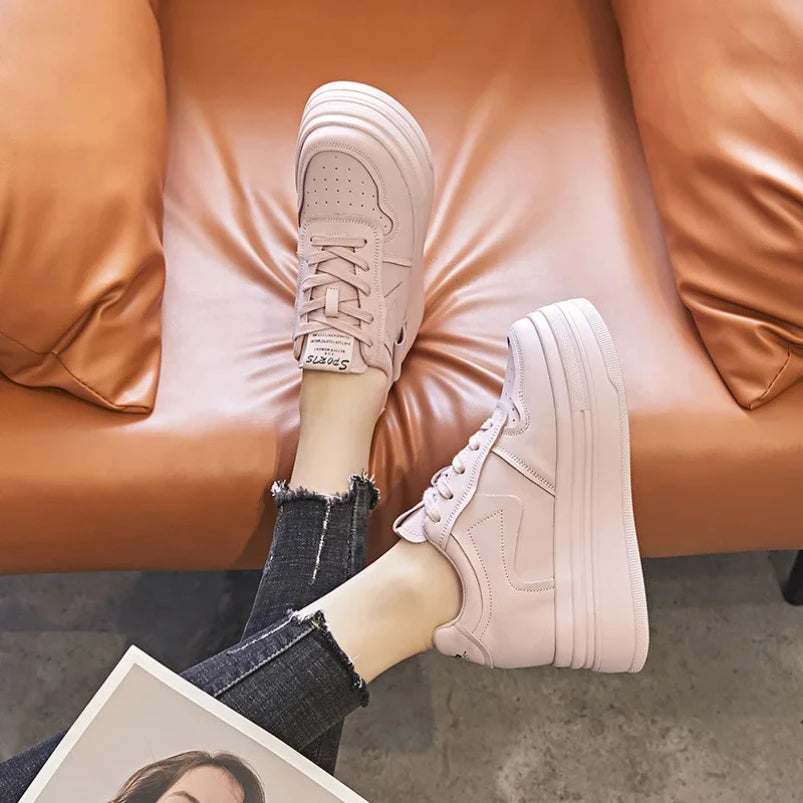 Baskets compensées à plateforme en cuir véritable pour femmes