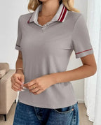 T-shirt décontracté polyvalent à manches courtes et col rabattu rayé rétro pour femmes