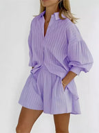 Ensemble deux pièces en coton composé d'un short et d'une chemise à manches longues rayée pour femmes