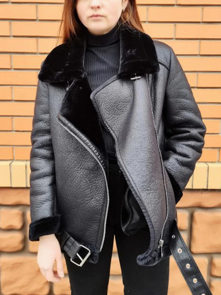 Manteaux d'hiver en faux cuir et fourrure de mouton pour femmes