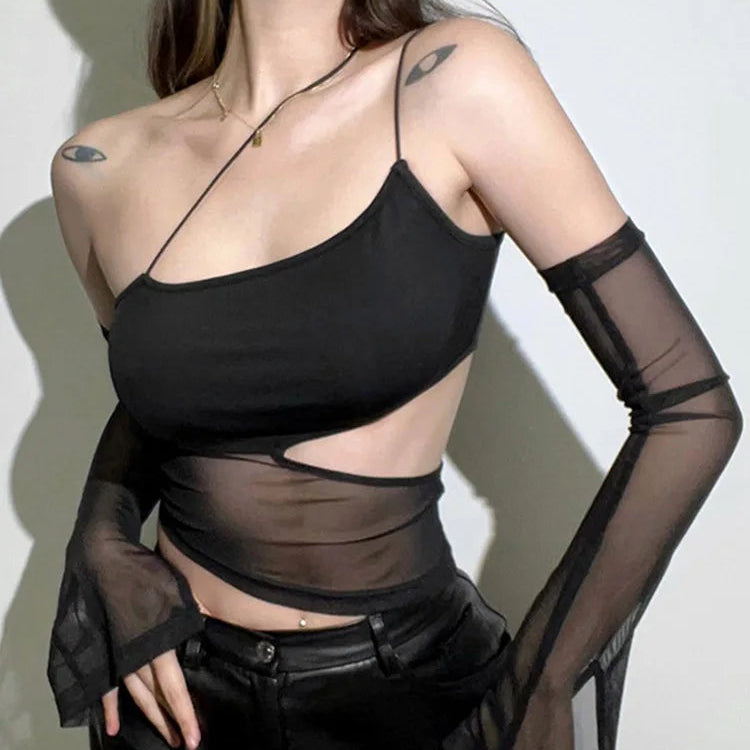 Tops court en maille avec coupe asymétrique et manches transparente pour femmes