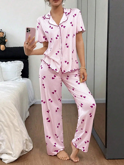 Pyjama Imprimé Femme – Haut Col V et Pantalon Long