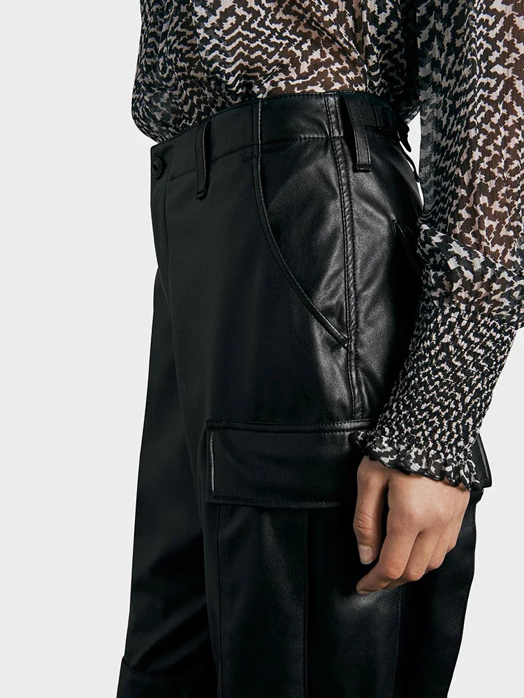 Pantalon Cargo Droit en Similicuir Mat à Poches