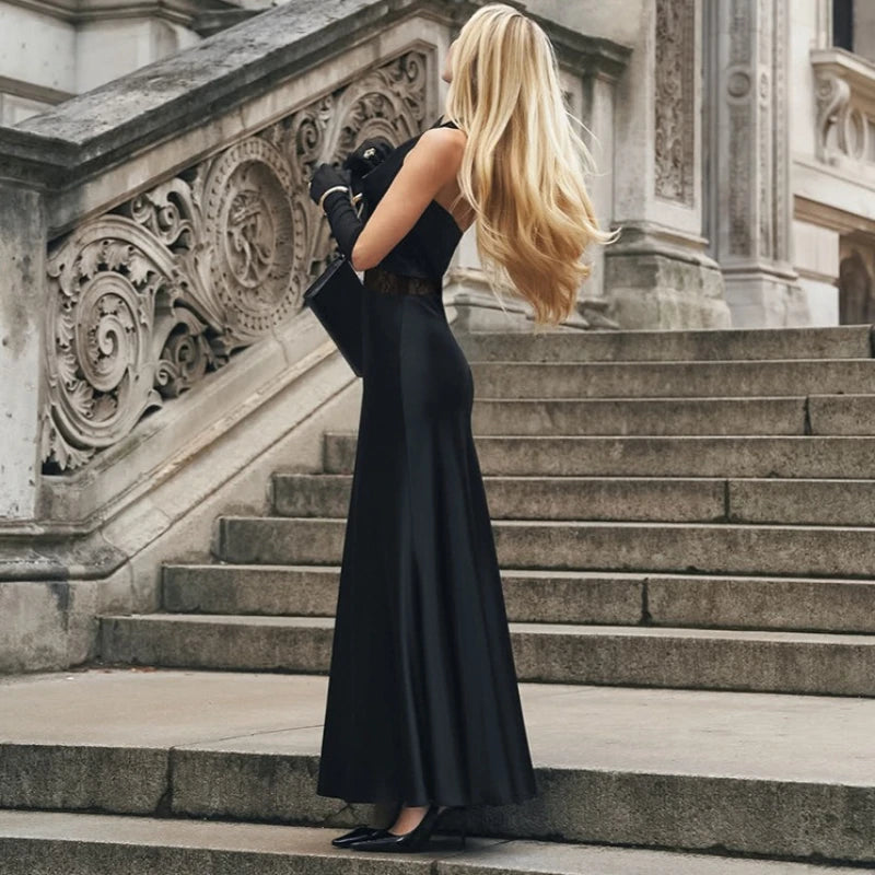 Robe longue dos nu en dentelle transparente pour femmes