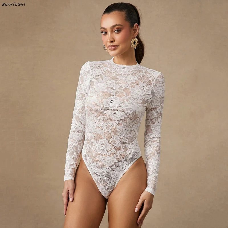 Body sexy blanc moulant à manches longues pour femmes