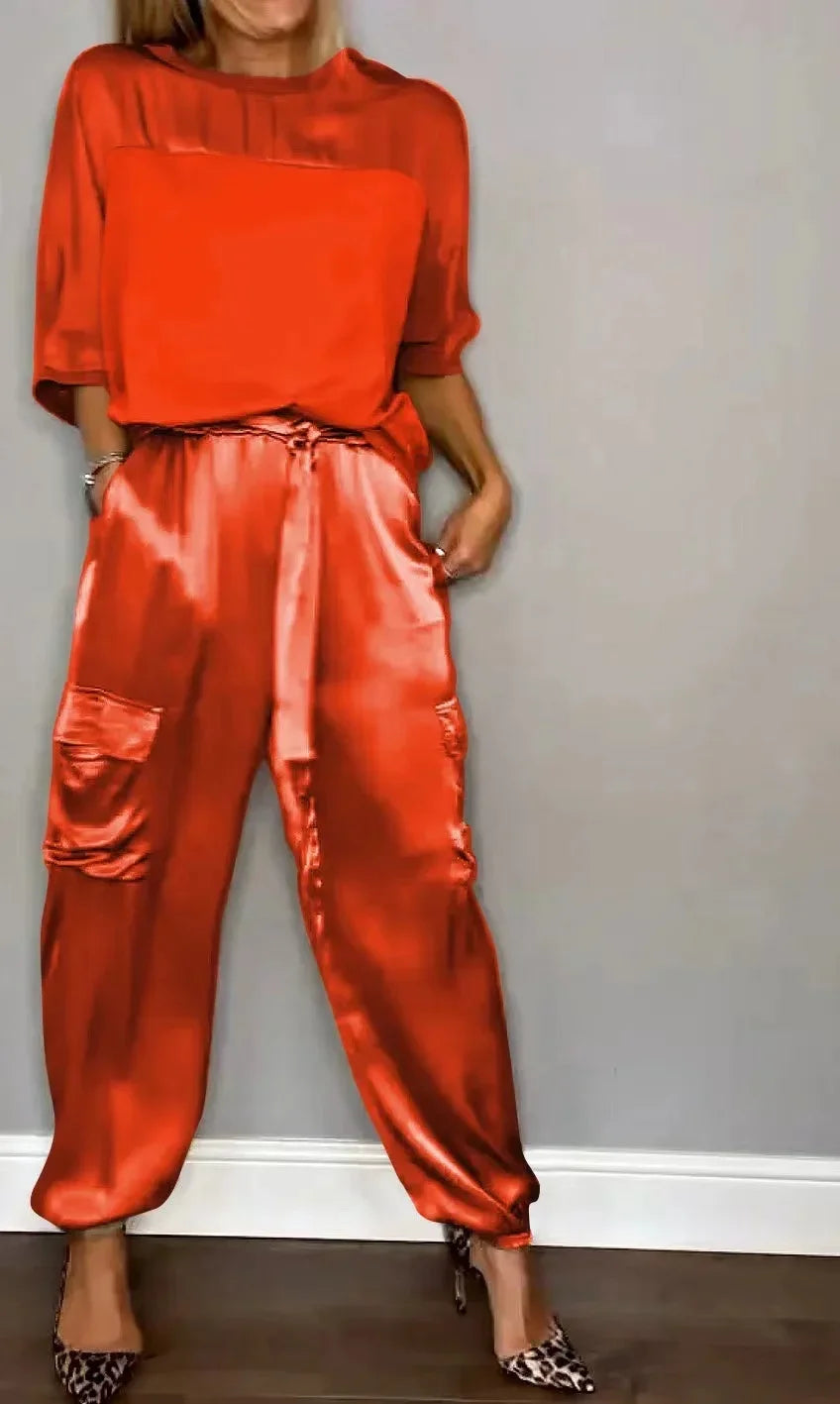 Ensemble deux pièces chemise à manches mi-longues et pantalon décontracté en satin lisse pour femmes