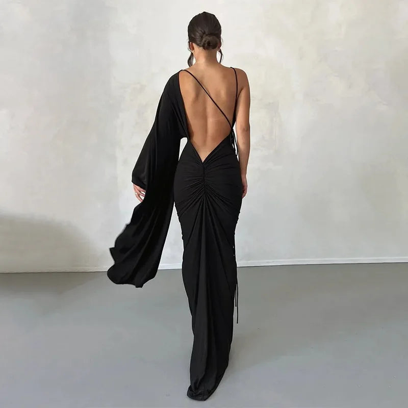 Robe longue dos nu à une manche et décolleté plongeant pour femmes