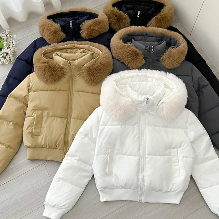 Manteau à capuche et col en fourrure pour femmes
