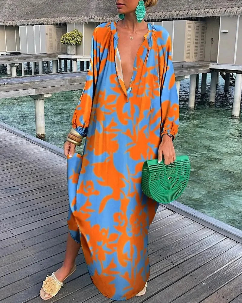 Robe longue imprimée à manches longues pour femmes