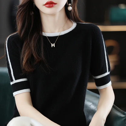 T-shirt en Maille Femme – Col Rond Contrastant
