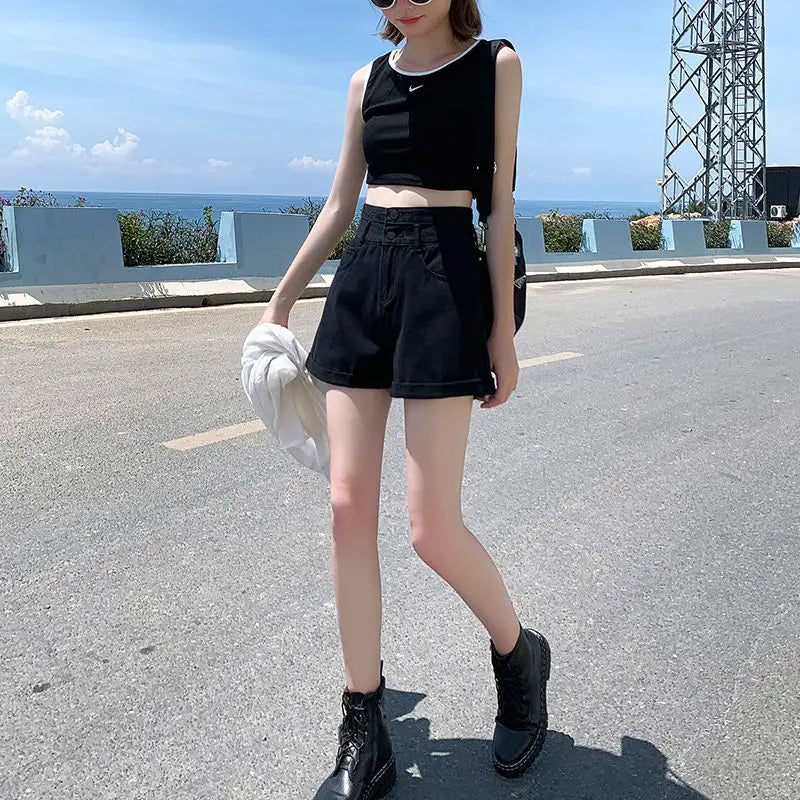 Short en jean denim taille haute pour femmes