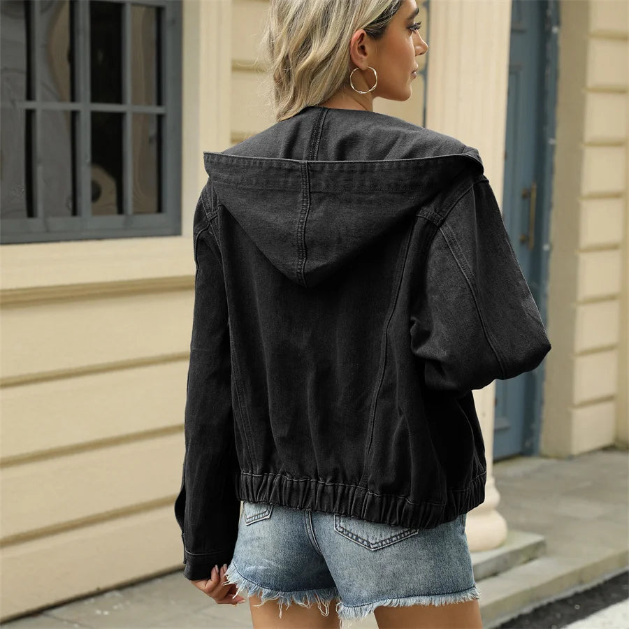 Veste en jean délavée à capuche vintage pour femmes