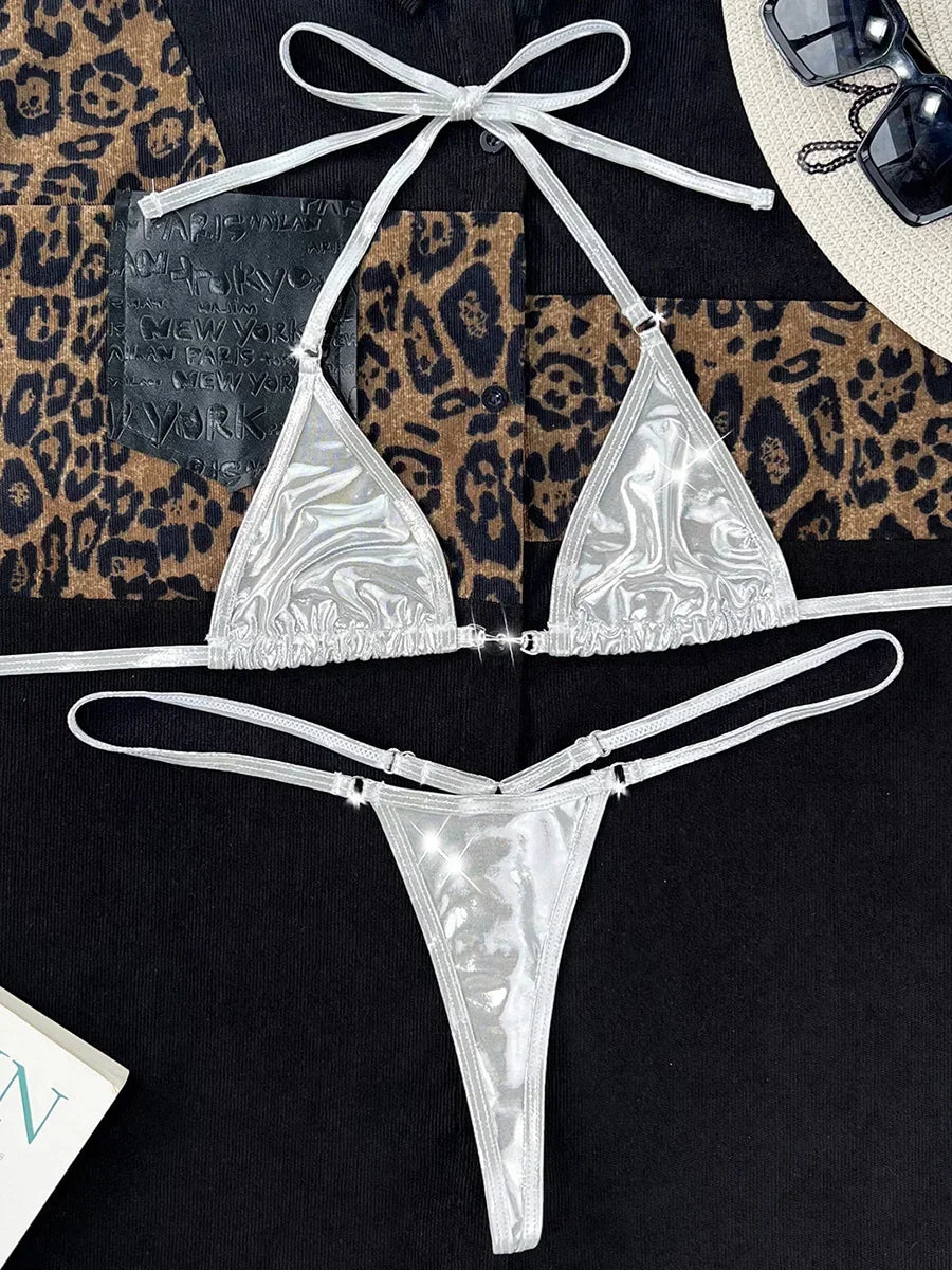 Maillot de bain deux pièces en cuir PU brillant pour femmes