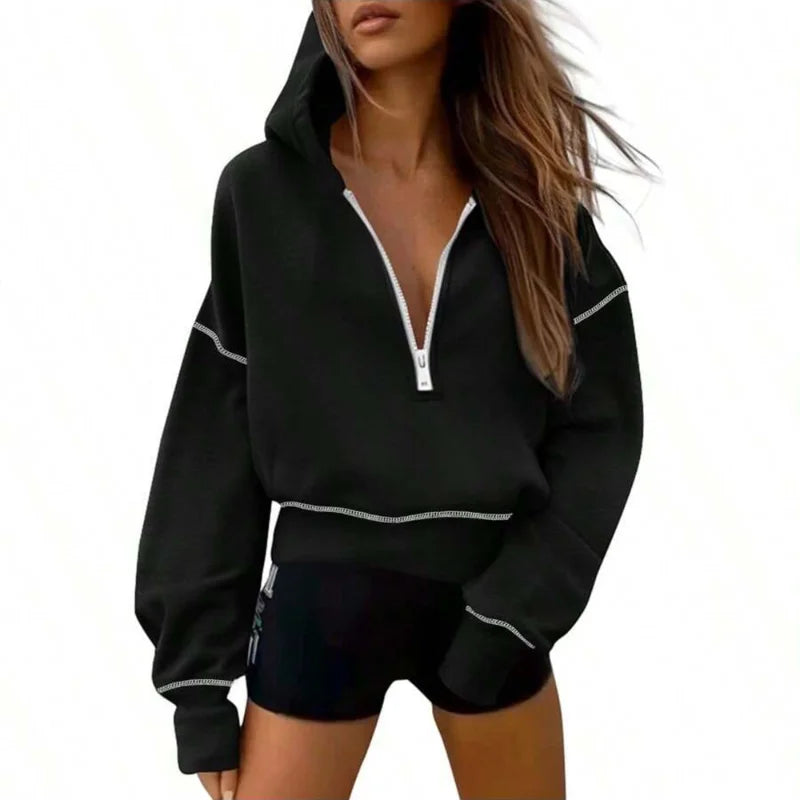 Sweat-shirt à capuche et demi-fermeture éclair pour femmes